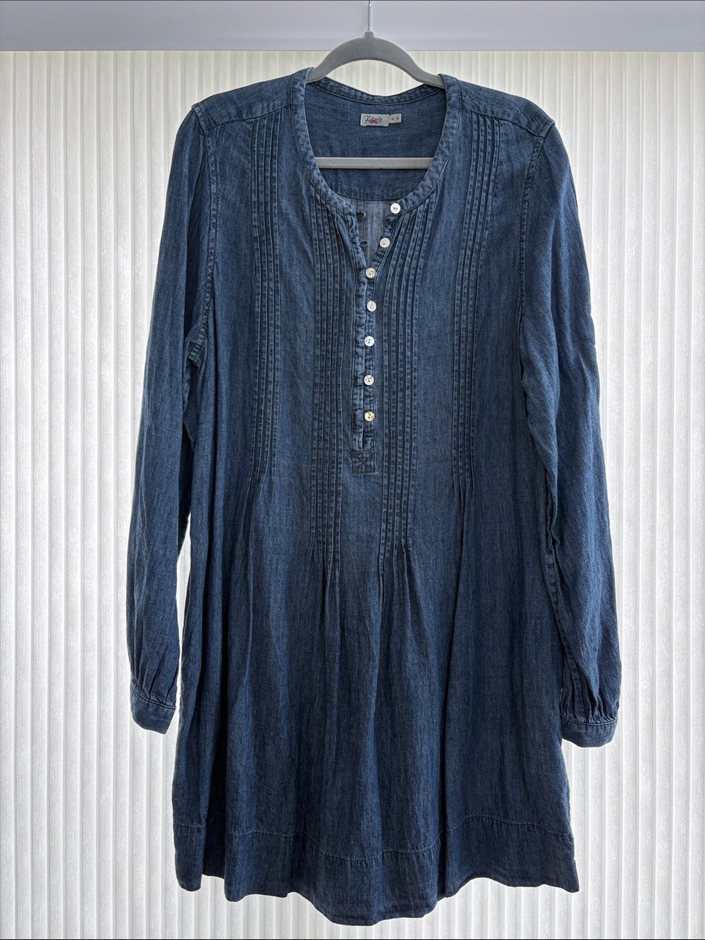 Faherty Long Sleeve Denim Blue Pintuck Button-Front Dress